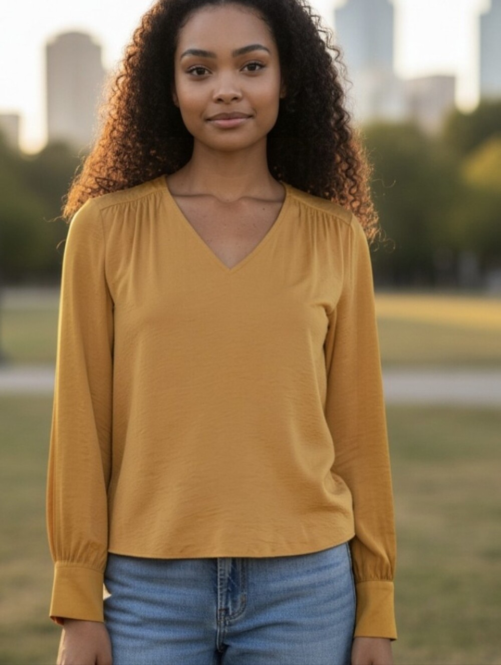 Mai Soli Saffron Yellow V-Neck Blouse | Flowy Silk-Like Top | M/L
